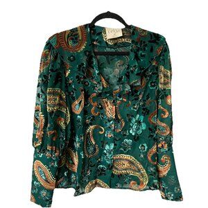 Lenni The Label Burnout Velvet Blouse Womens M Ruffle Green Sheer Whimsigoth
